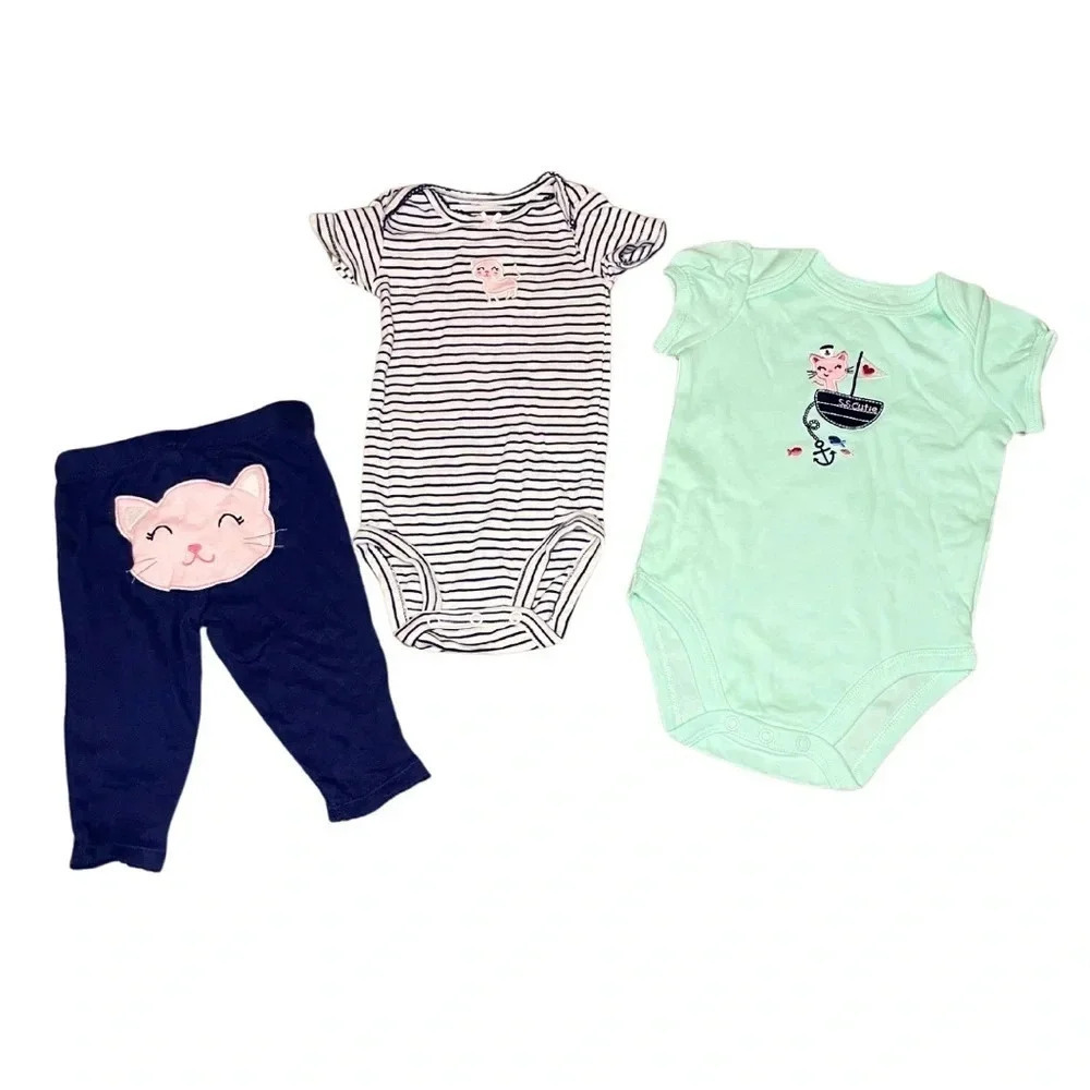 Carter’s and Jumping Beans Baby Girl Cat Bundle – 100% Cotton– 3-Piece Set - Picture 1 of 5